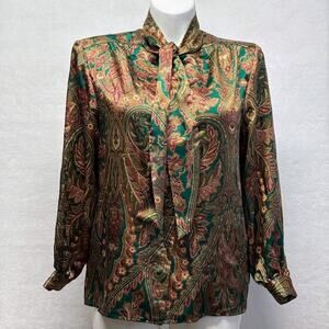 VTG RUSS Paisley Print Tie Neck Blouse Faux Silk Shirt Gold Green Womens Size 16